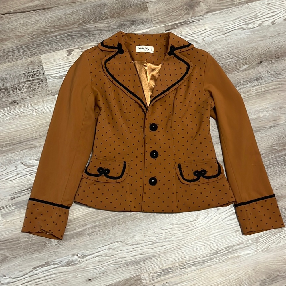 NWOT Bettie Page Tan Black Polka Dot Three Button Blazer Jacket